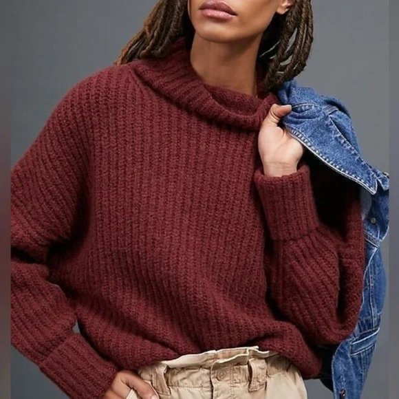 Anthropologie Maeve Athena Chunky Knit Maroon Ribbed Wool Sweater, XS - Picture 1 of 7